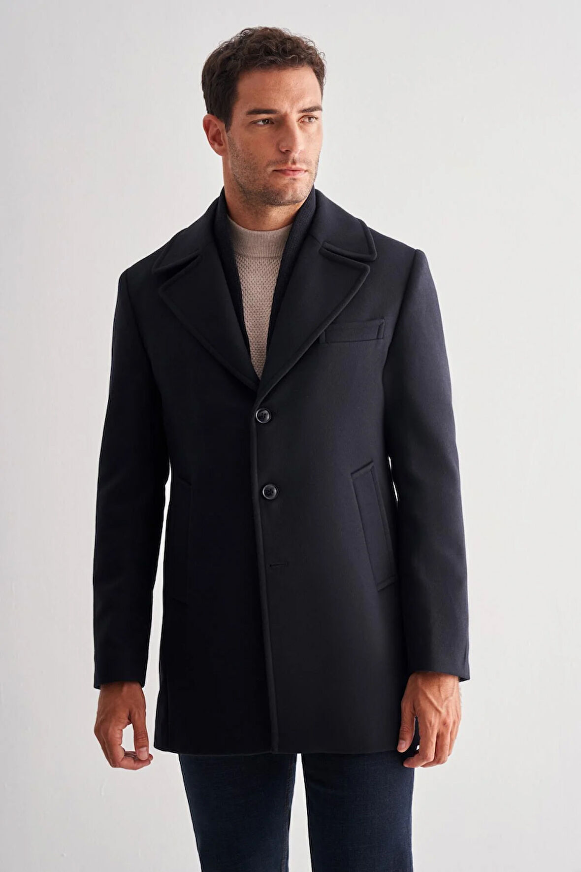 Koyu Lacivert Mono Yaka Classic Comfort Fit Esnek Kaşe Kaban 1008255160