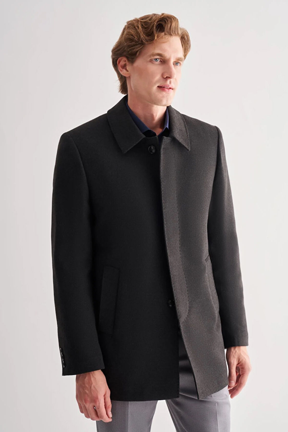 Koyu Antrasit Kaşe Bebe Yaka Kapitoneli Astar Comfort Fit Rahat Kesim Klasik Kaban 1008245161