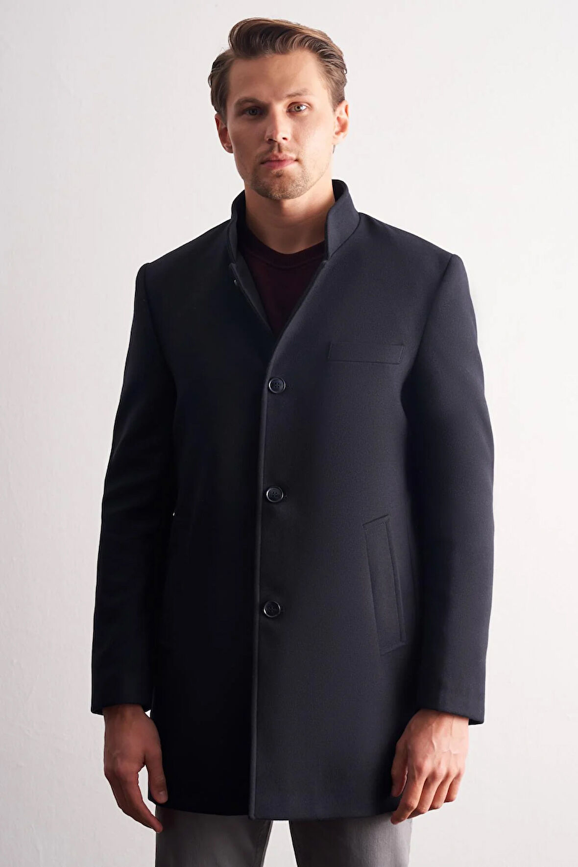 Koyu Lacivert Hakim Yaka Classic Slim Fit Esnek Kaban 1008255162