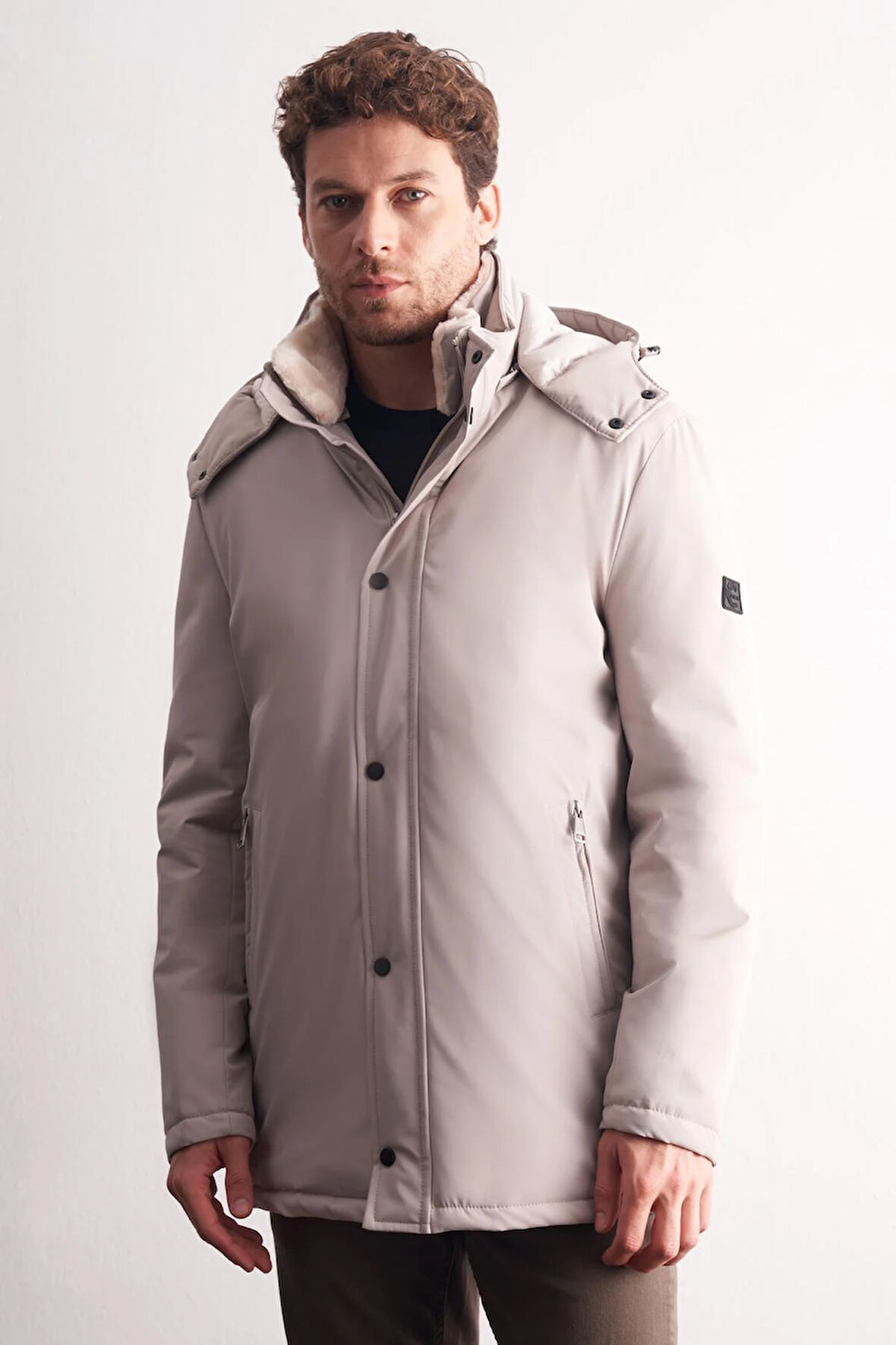 Taş Rengi Çıkma Kapşonlu Dik Yaka Yırtmaçsız Esnek Classic Kaban 1008255165