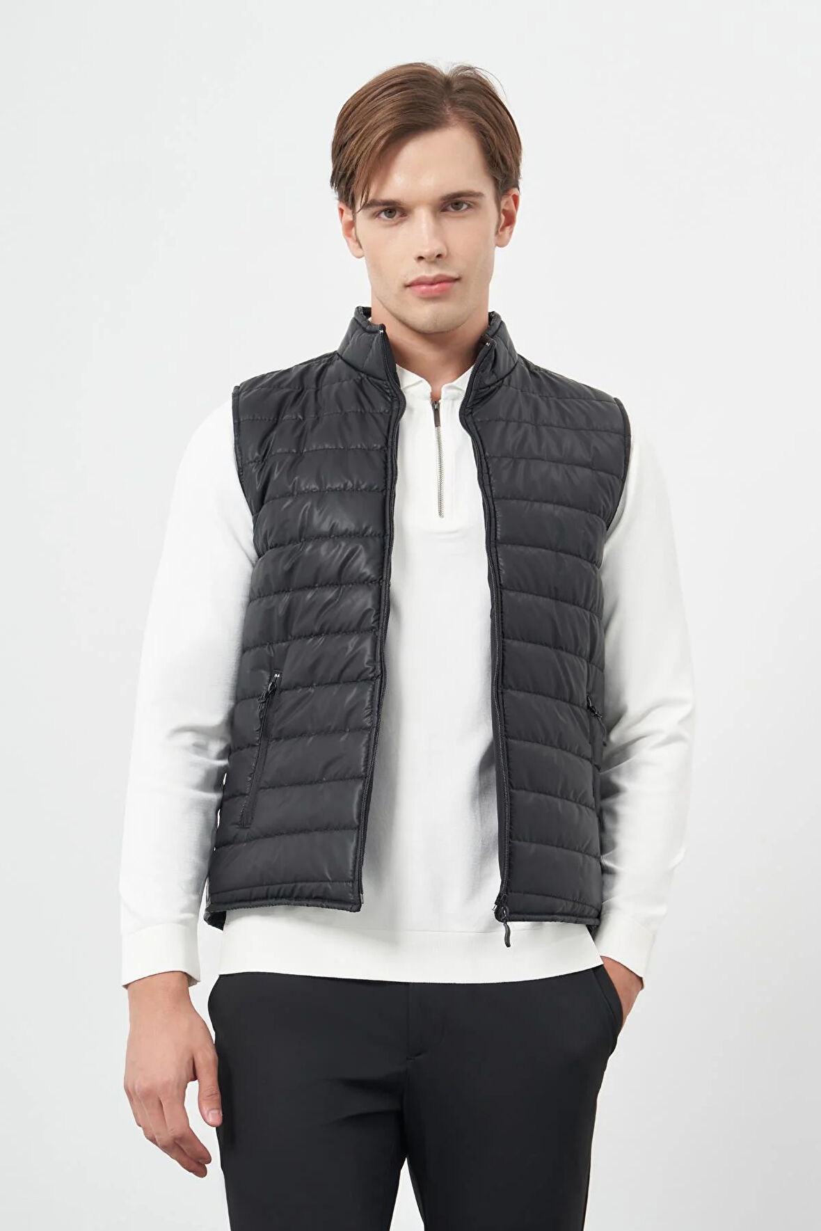 Siyah Kapitone Dik Yaka Düz Garnisiz-Biyesiz Slim Fit Yelek 1009245151