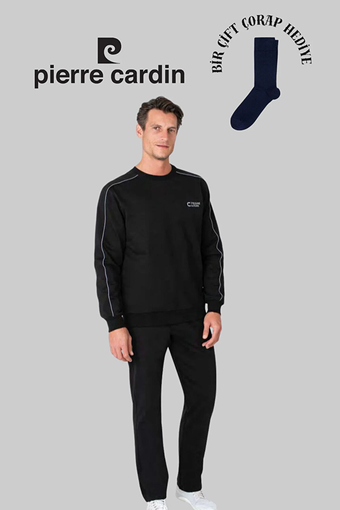 Erkek Siyah Pamuklu Bisiklet Yaka Eşofman Takımı 1 Çift Çorap Hediye