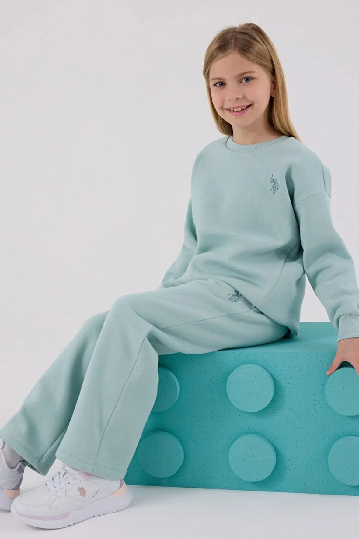 Polo Kız Çocuk Rahat Uzun Kollu Pamuklu Pijama Takımı Su Yeşili Yumuşak Kumaş