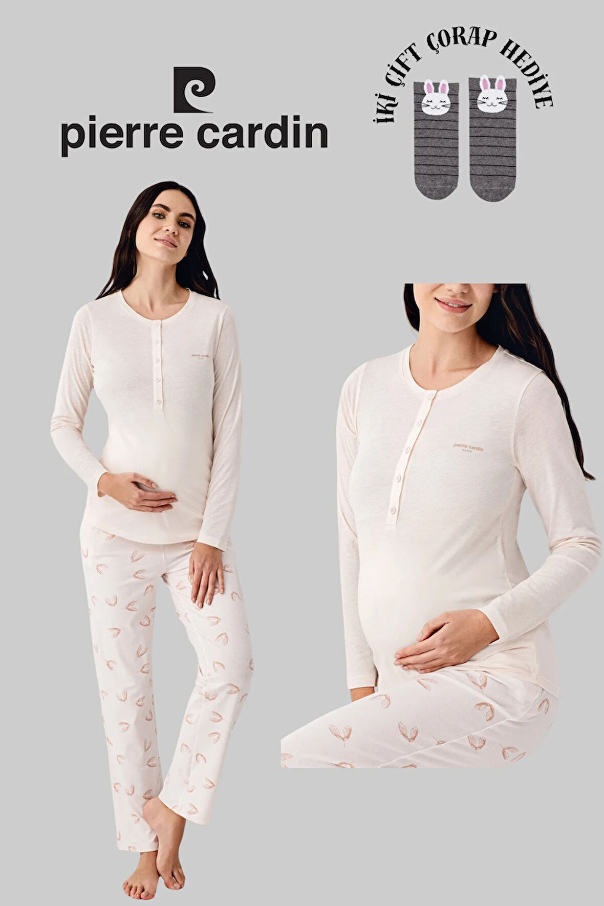 Kadın Lisanslı Hamile Giyim Yumuşak Doku Uzun Kollu Pijama Takımı 2 Çift Çorap Hediye