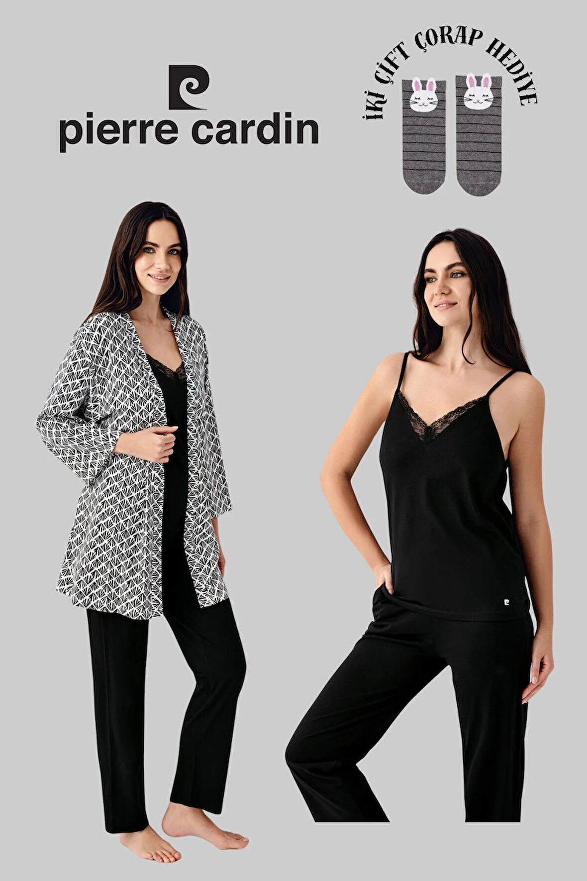 Kadın 3'lü Lisanslı Yumuşak Doku Sabahlıklı Pijama Takımı 2 Çift Çorap Hediye