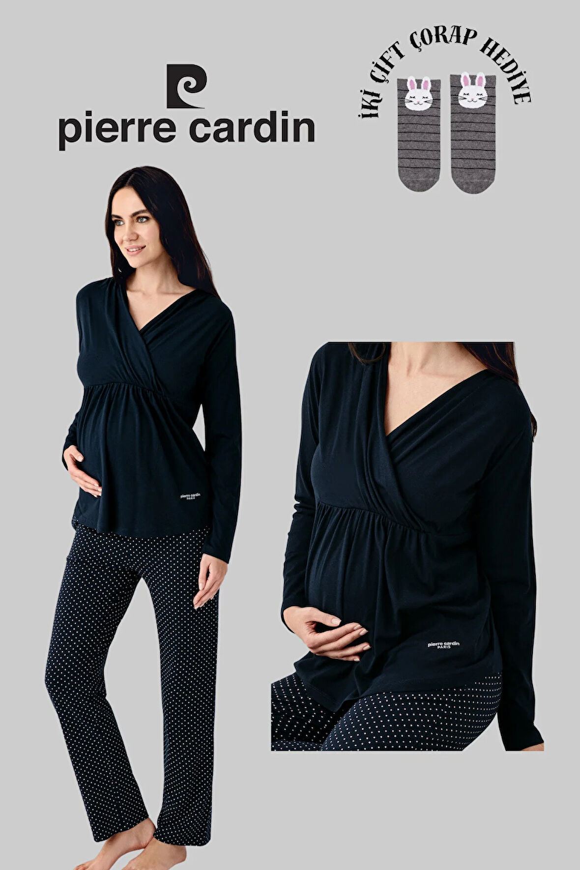 Kadın Lisanslı Hamile Giyim Yumuşak Doku Uzun Kollu Pijama Takımı 2 Çift Çorap Hediye