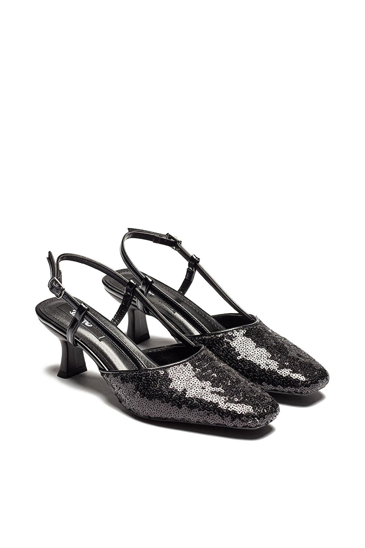 Kadın Siyah Renk Sivri Burun Pullu Kısa Topuklu Ayakkabı 1010