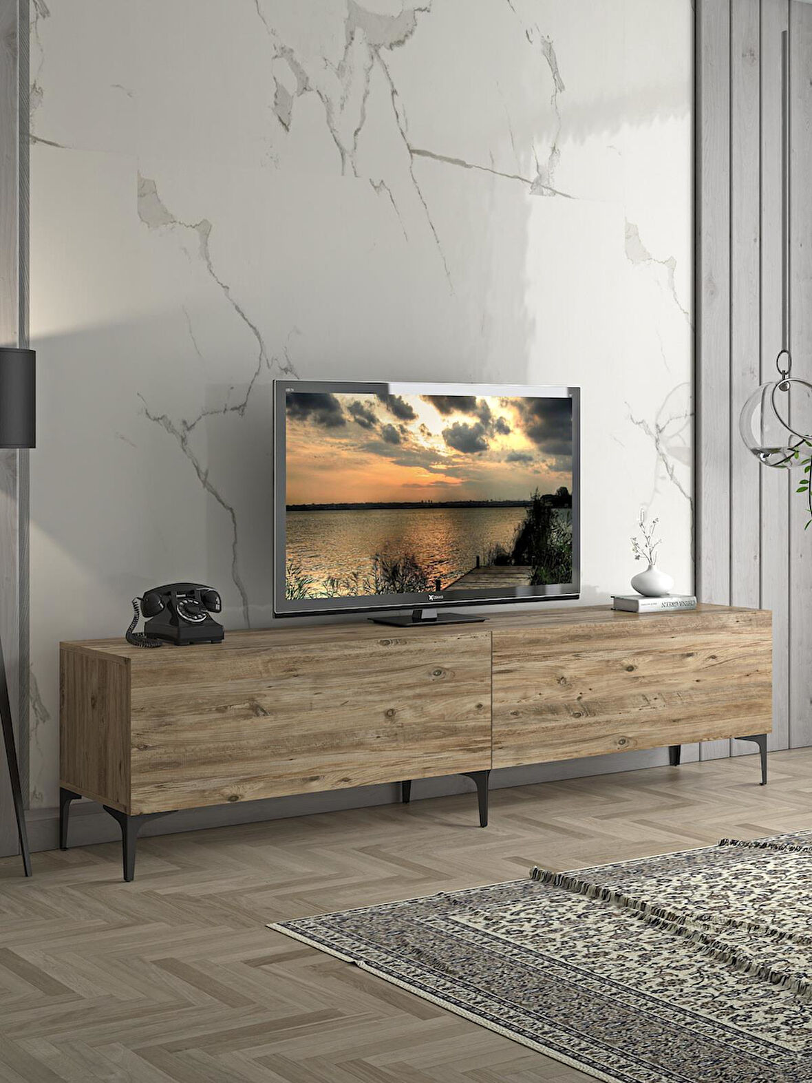 Wood'n Love Vega Premium 200 Cm Geniş Dolaplı Metal Ayaklı Tv Ünitesi - Atlantik Çam / Siyah