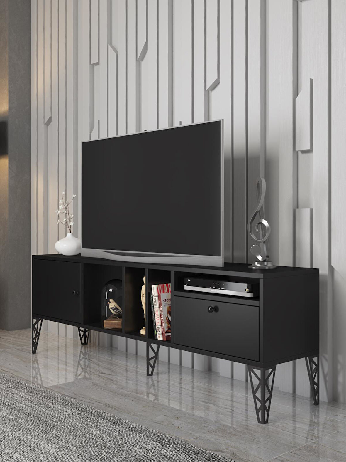  Wood'n Love Cercei 160 Cm Metal Ayaklı Tv Ünitesi - Siyah / Siyah 