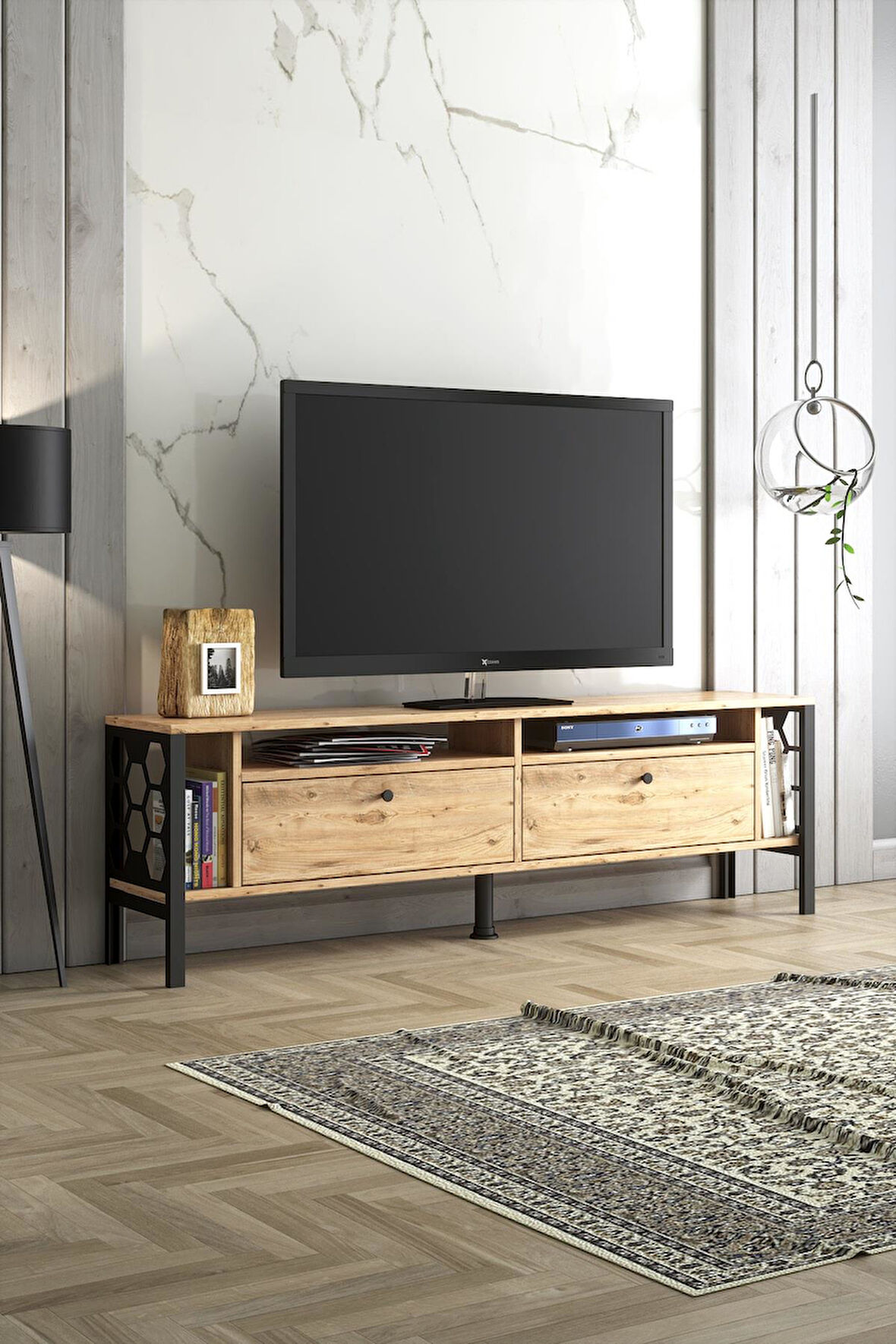 Wood'n Love Luna Metal Ayaklı Dolaplı 180 Cm Tv Geniş Ünitesi - Atlantik Çam / Siyah