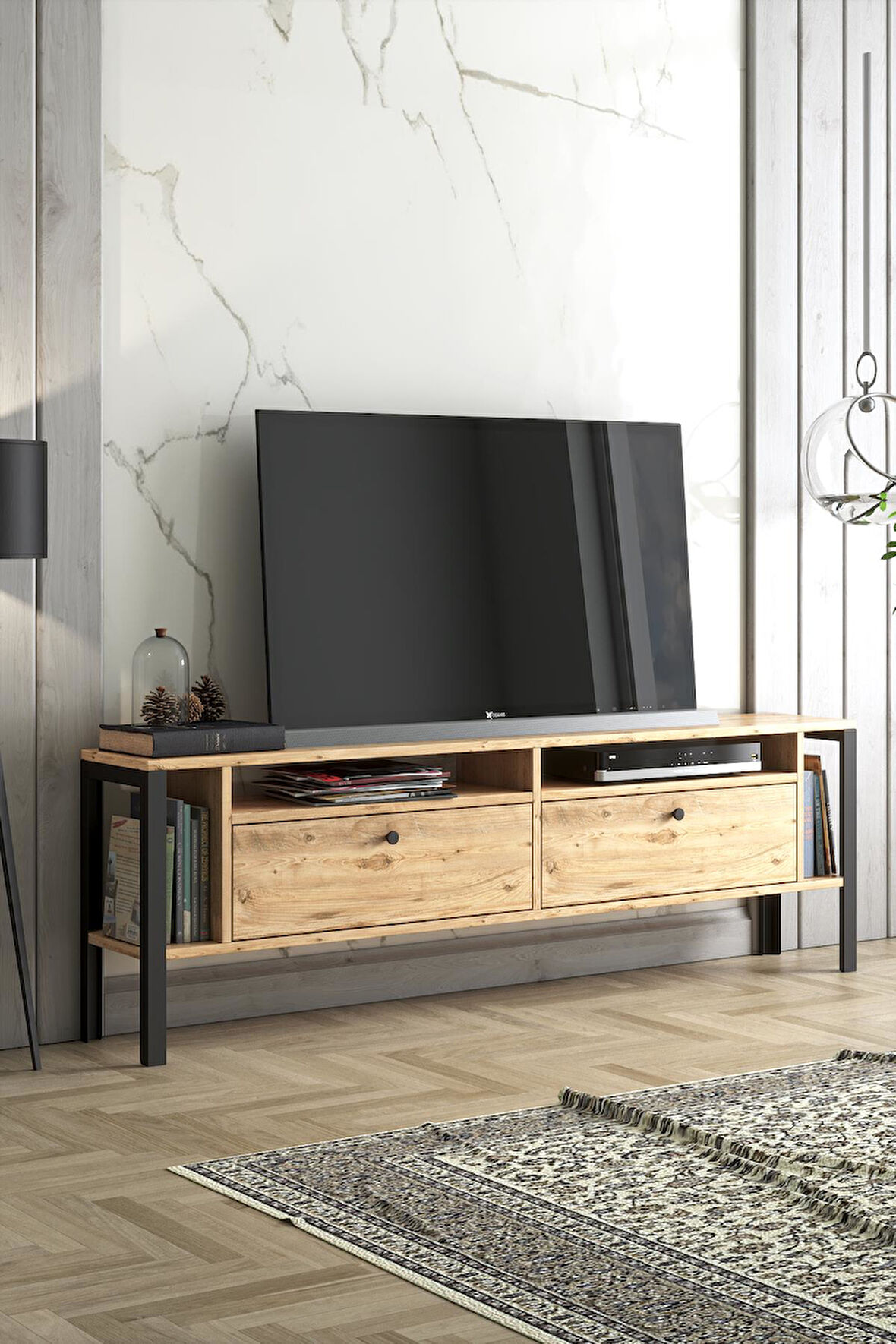 Wood'n Love Atlanta Metal Ayaklı Dolaplı 180 Cm Tv Geniş Ünitesi - Atlantik Çam / Siyah