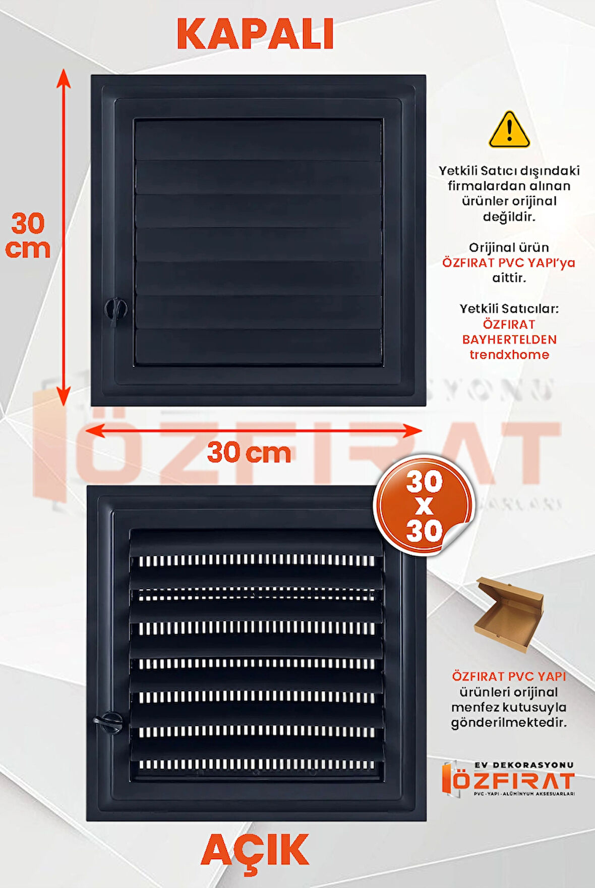 Menfez 30x30 CM — Banyo, Tuvalet - WC Havalandırma Menfezi — Plastik — Antrasit