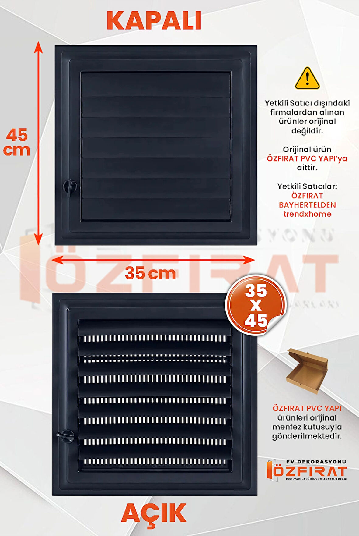 Menfez 35x45 CM — Banyo, Tuvalet - WC Havalandırma Menfezi — Plastik — Antrasit