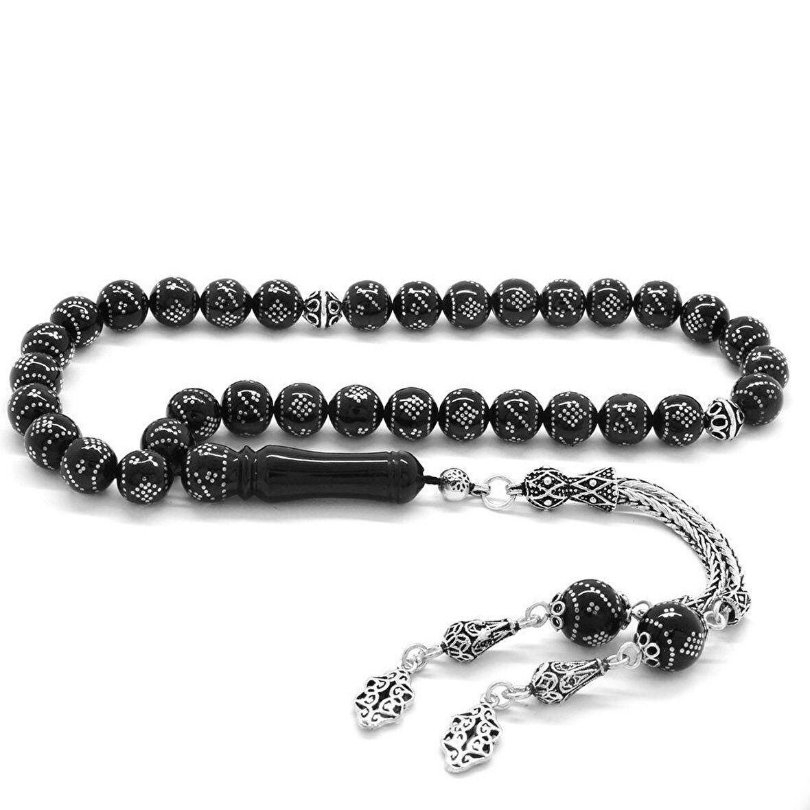 925 Ayar Gümüş Püsküllü Yoğun Gümüş İşlemeli Erzurum Oltu Taşı Tesbih