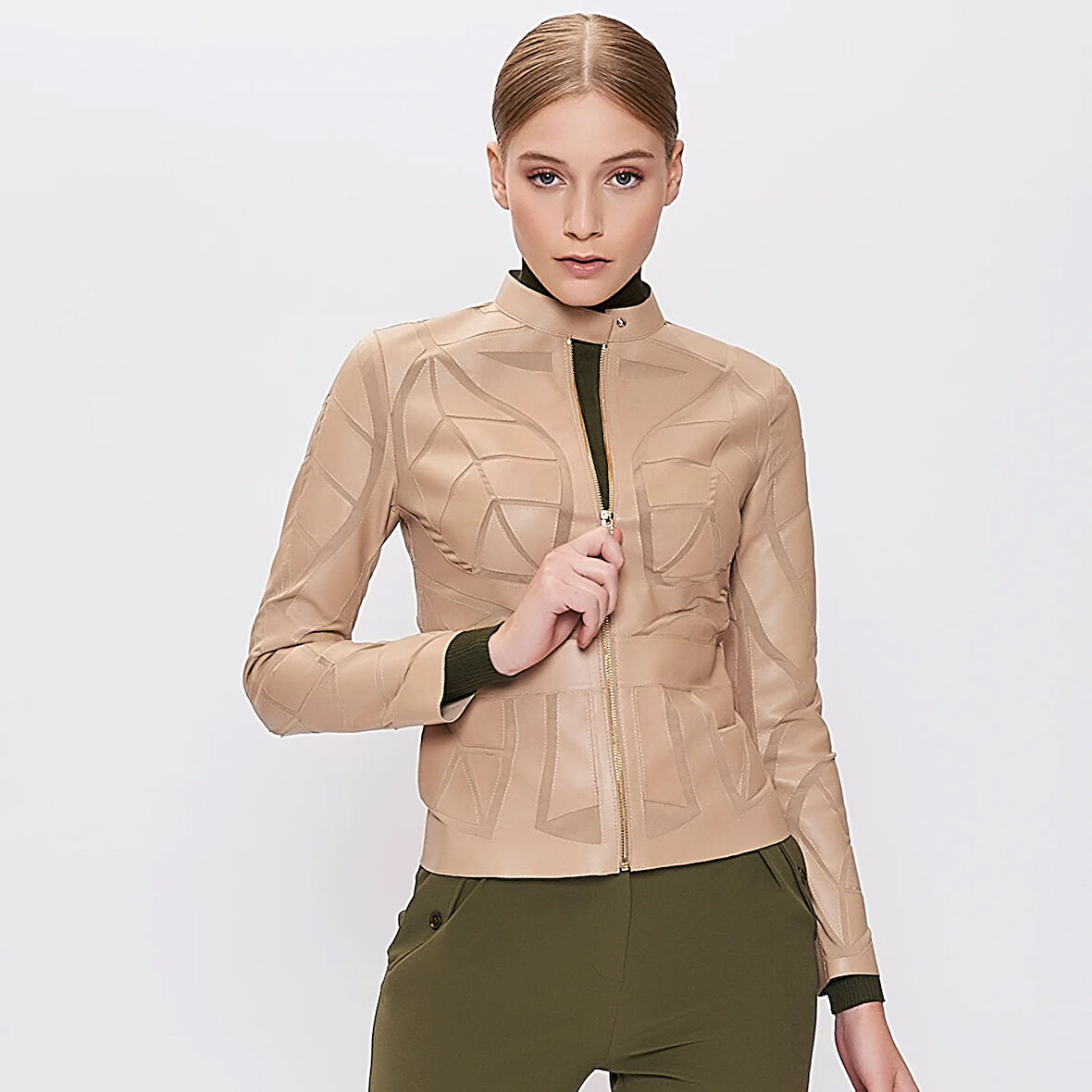 Origa Kadın Yaprak Panelli Deri Ceket