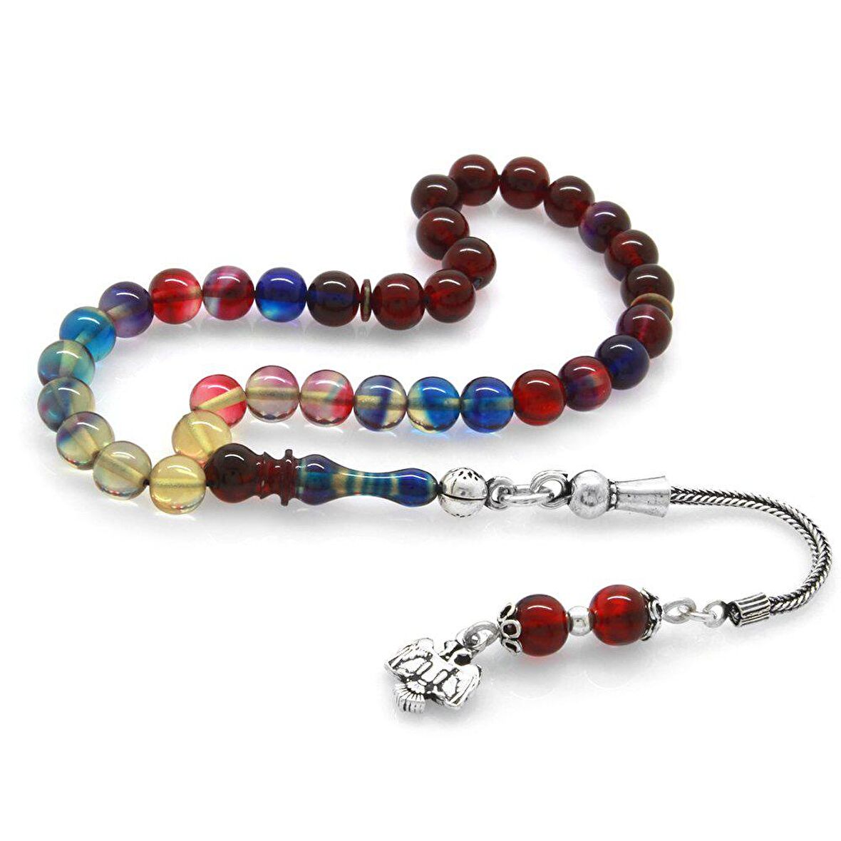 925 Ayar Gümüş Püsküllü Küre Kesim Bilek Boy Süzme Bonibon Ateş Kehribar Tesbih