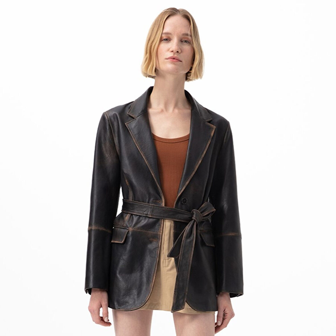 Becka Kahve Kadın Eskitme Blazer Deri Ceket