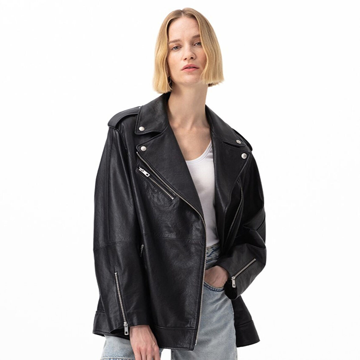 Abriana Siyah Kadın Deri Biker Ceket