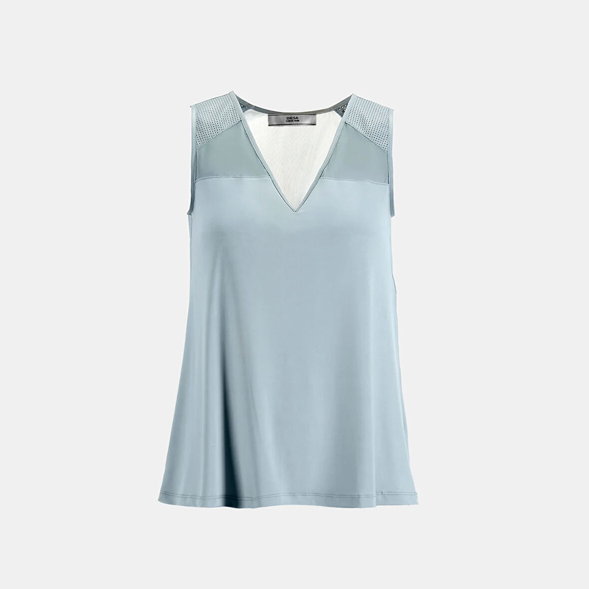 Kadın Mavi Deri Detaylı Perforeli Bluz