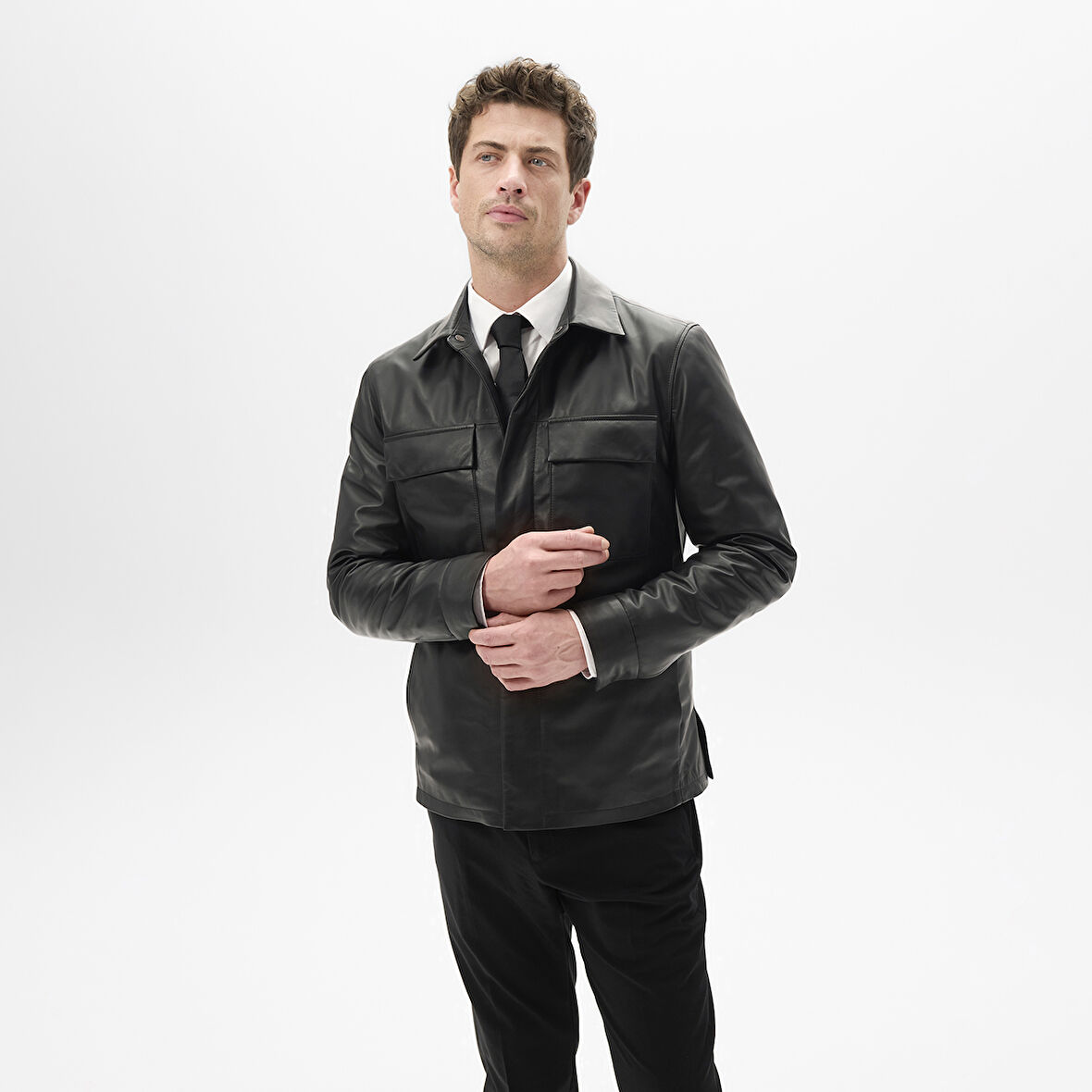 Erkek Siyah Gömlek Yaka Deri Ceket