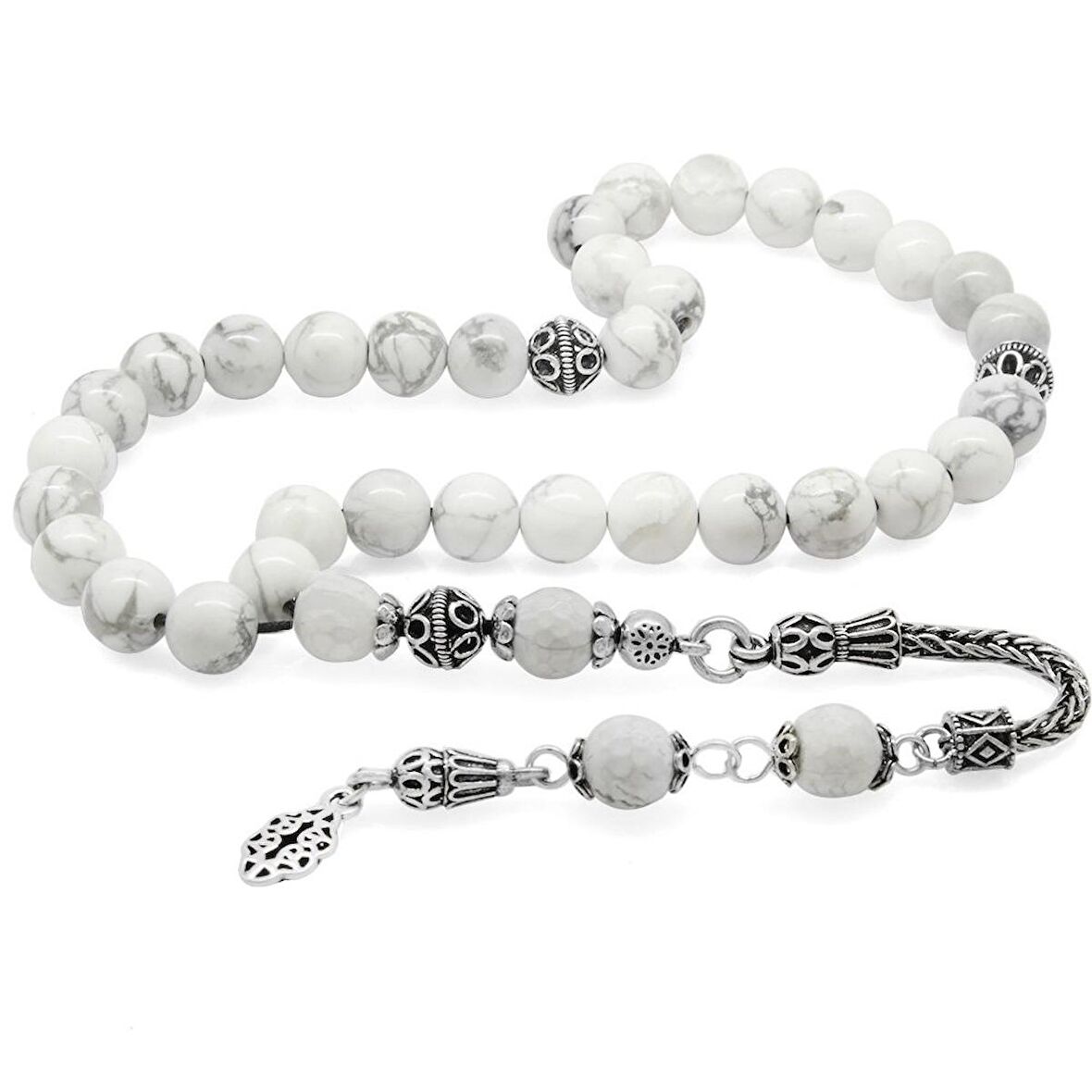 925 Ayar Gümüş Püsküllü Küre Kesim Havlit Doğaltaş Tesbih