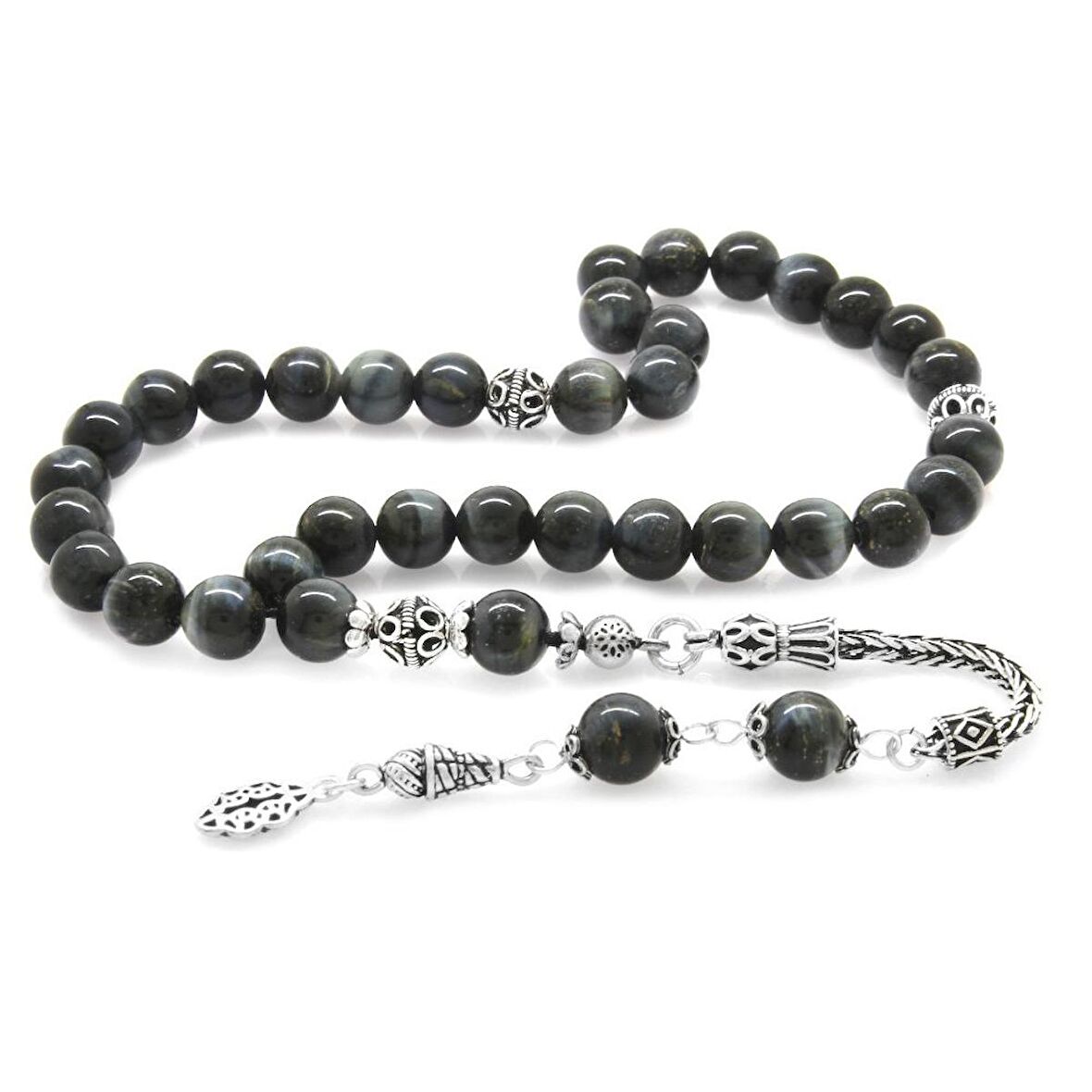 925 Ayar Gümüş Püsküllü Küre Kesim Gri Kaplangözü Doğaltaş Tesbih