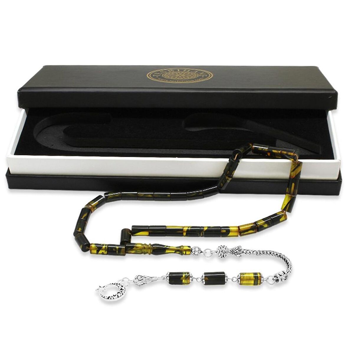 Kararmaz Metal Püsküllü Kesme Kesim Sarı-Siyah Ateş Kehribar Tesbih