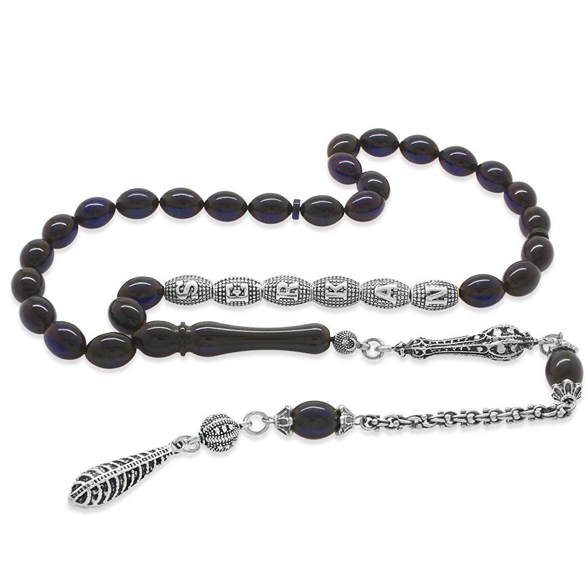 Kararmaz Metal Püsküllü Kişiye Özel İsim Yazılı Lacivert Sıkma Kehribar Tesbih