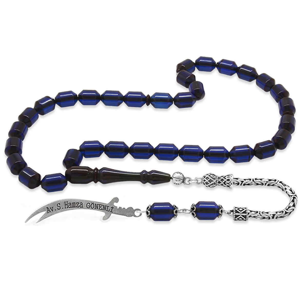 925 Ayar Gümüş Kral Püsküllü Uçlu Kapsül Kesim Kişiye Özel İsim Yazılı Lacivert Sıkma Kehribar Tesbih