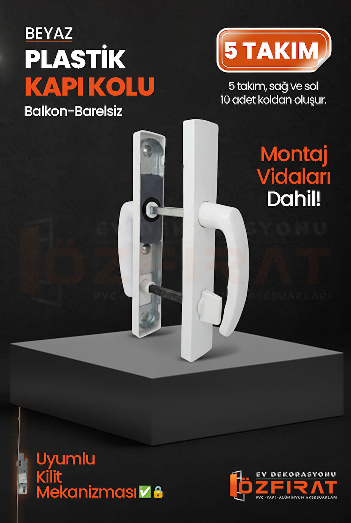 PVC Pimapen Plastik Balkon Kapı Kolu – Barelsiz – Beyaz – (5 Takım)