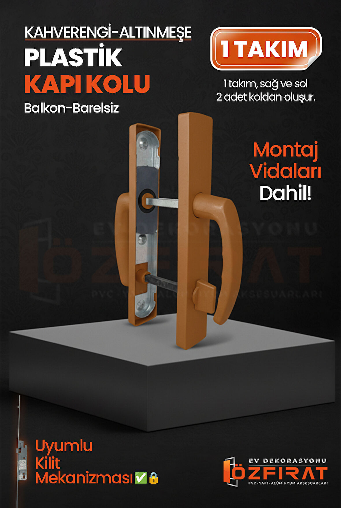 PVC Pimapen Plastik Balkon Kapı Kolu – Barelsiz – Altınmeşe/Kahverengi – (1 Takım)