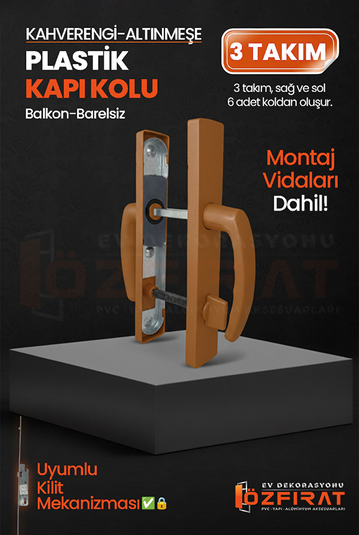 PVC Pimapen Plastik Balkon Kapı Kolu – Barelsiz – Altınmeşe/Kahverengi – (3 Takım)