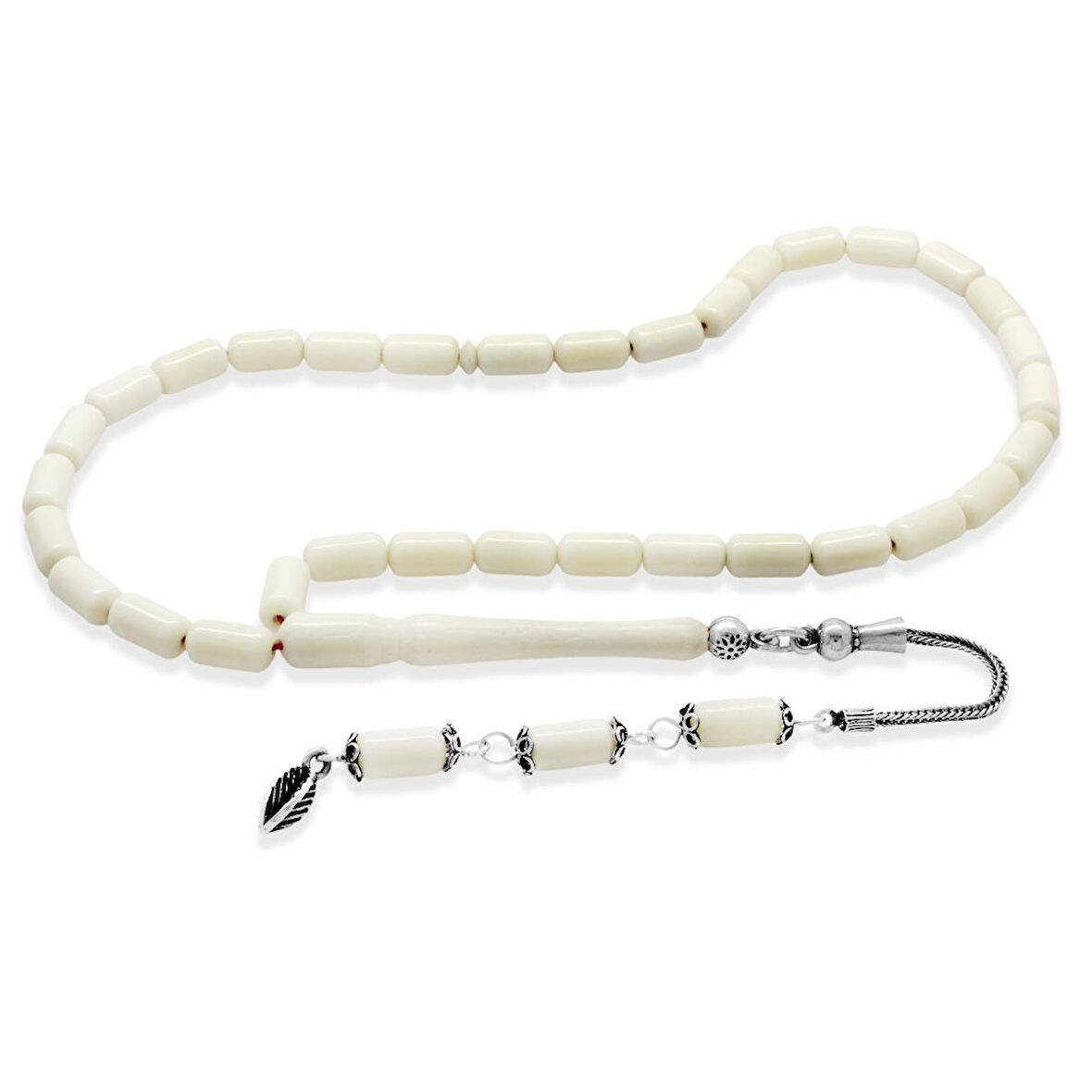 925 Ayar Gümüş Püsküllü Kırmızı İpli Uçlu Kapsül Kesim Deve Kemiği Tesbih