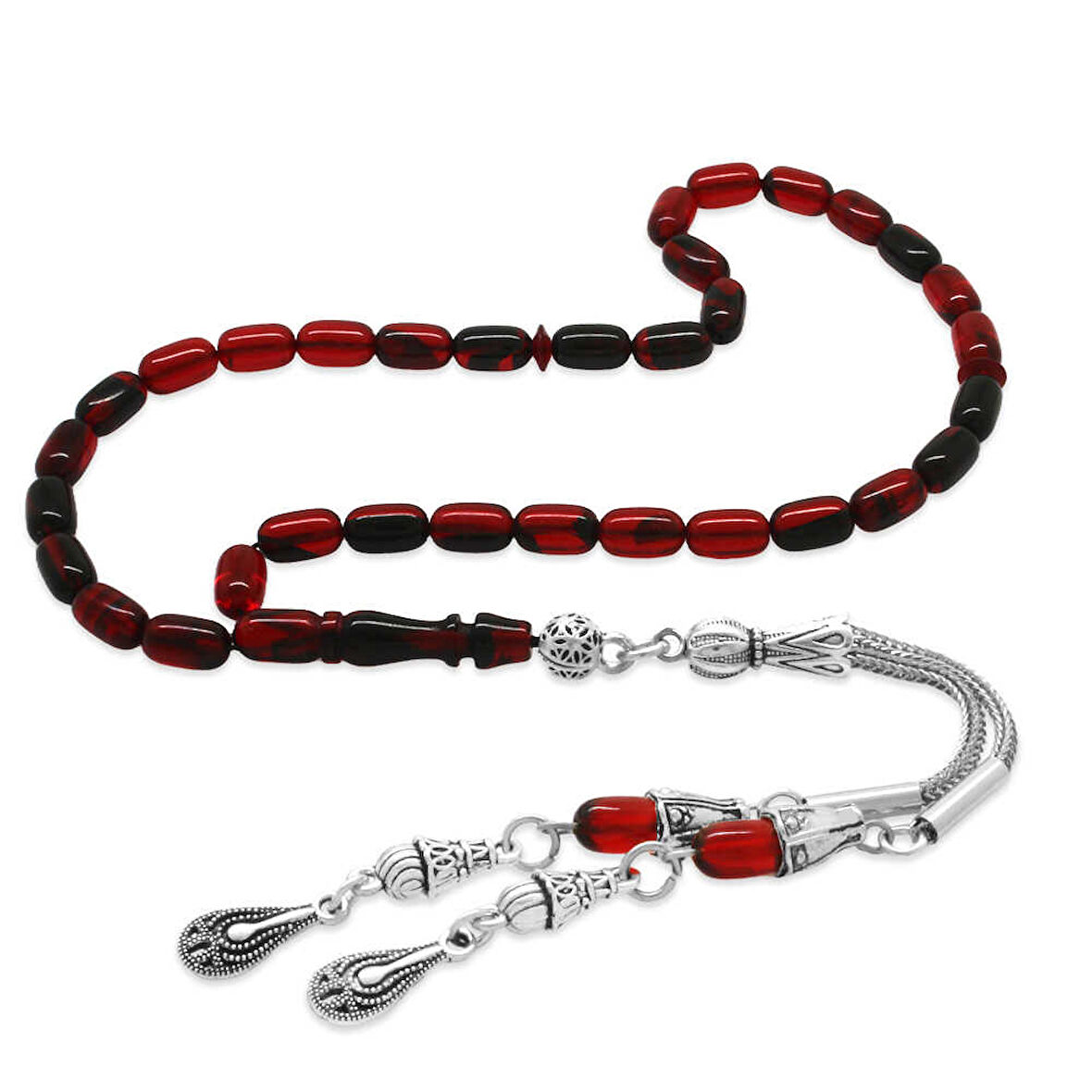 Kararmaz Metal 2'li Kamçı Püsküllü Kapsül Kesim Bilek Boy Kırmızı-Siyah Ateş Kehribar Tesbih