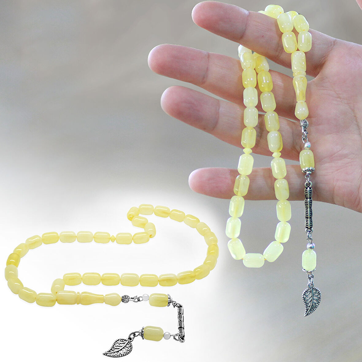 Kararmaz Metal Kafes Zincir Püsküllü Kapsül Kesim Sarı-Beyaz Hareli Beyrut Kehribar Tesbih