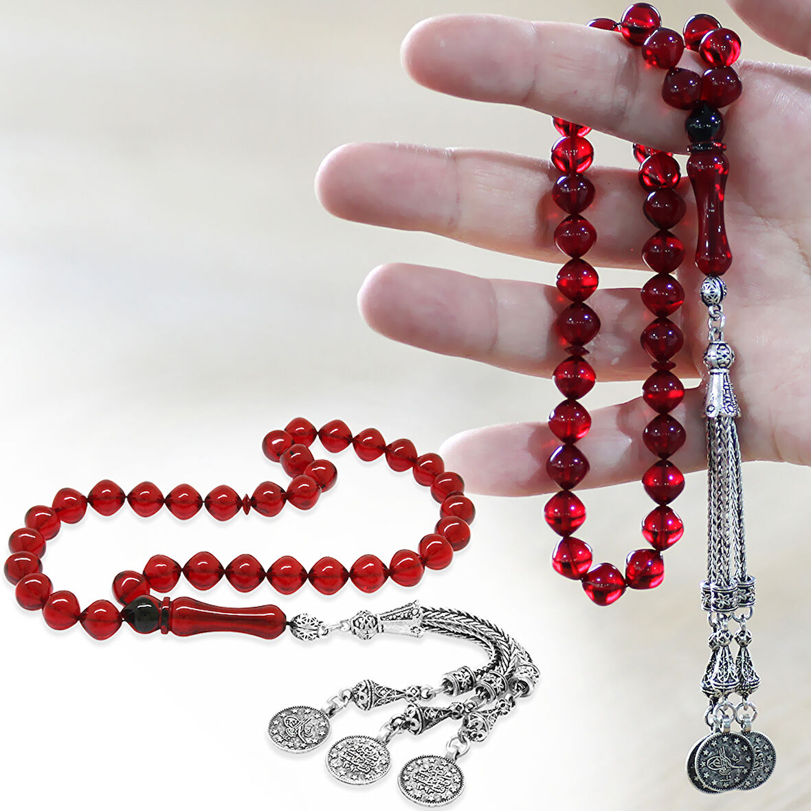 Kararmaz Metal Mecidiye Püsküllü İstanbul Kesim Bayrak Kırmızı Ateş Kehribar Tesbih