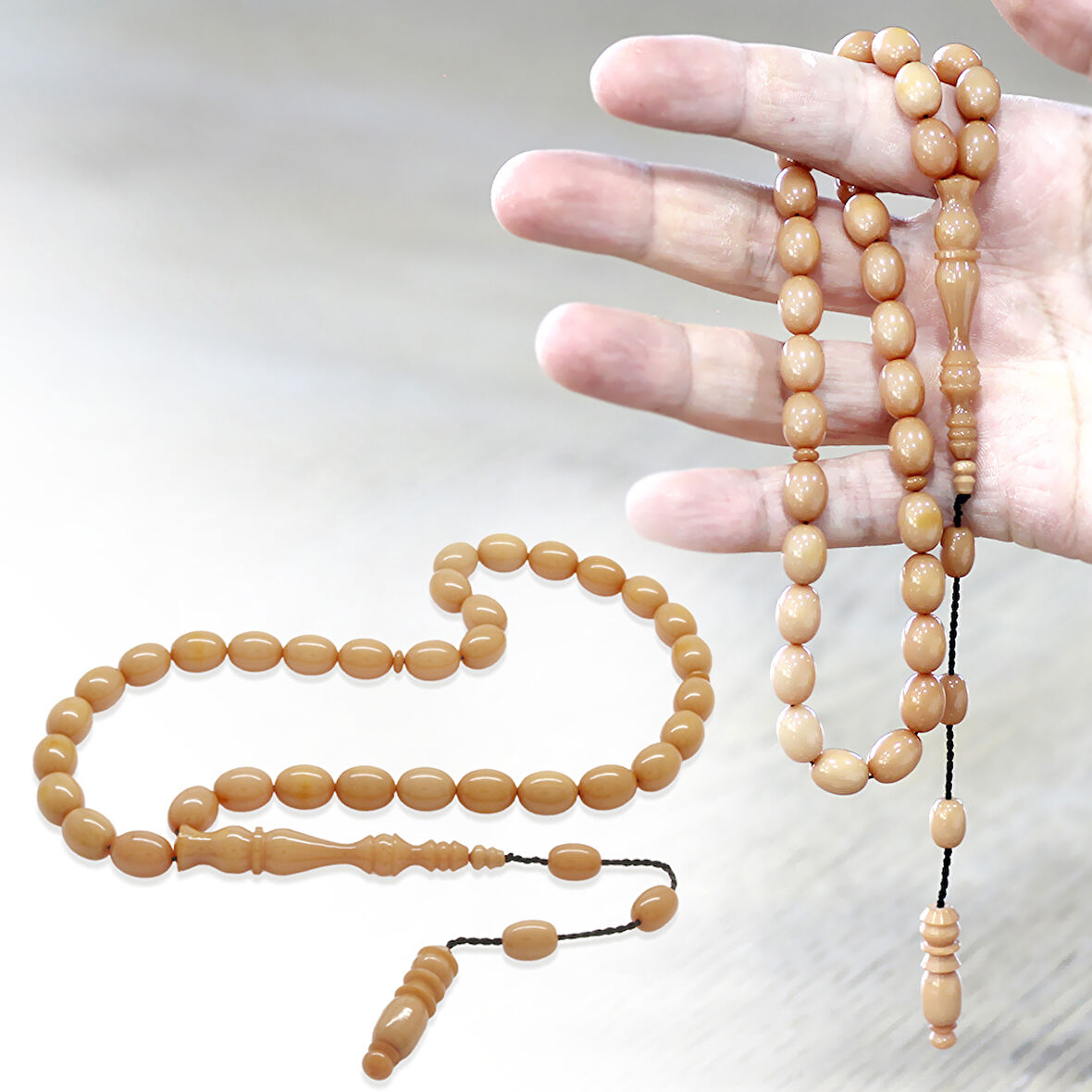 Sistemli Arpa Kesim Krem Rengi Sıkma Kehribar Tesbih