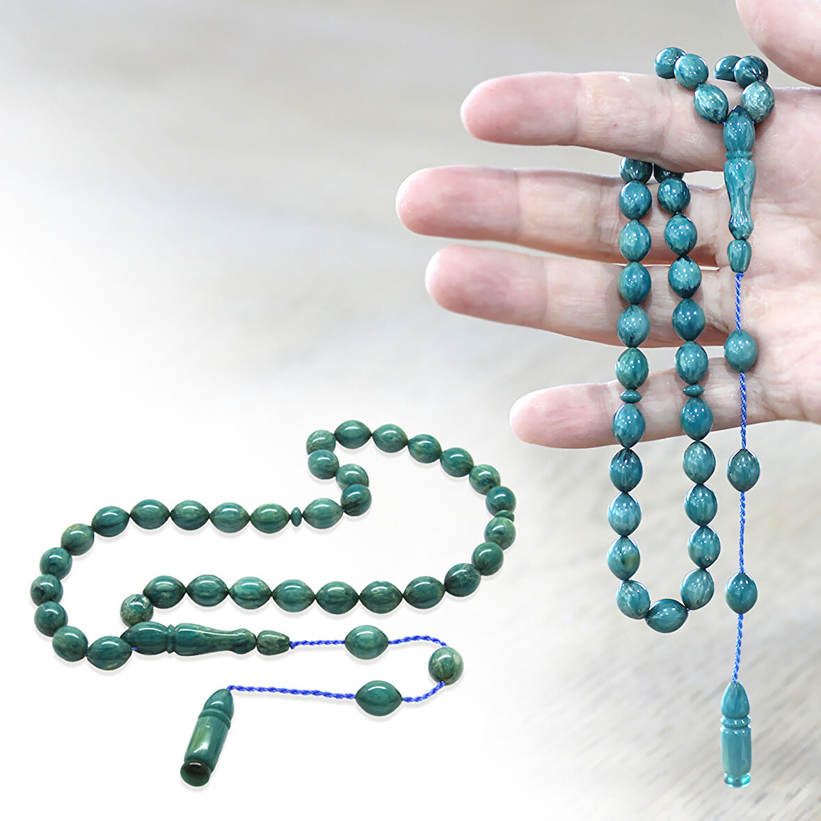 Sistemli Arpa Kesim Turkuaz-Beyaz Sıkma Kehribar Tesbih