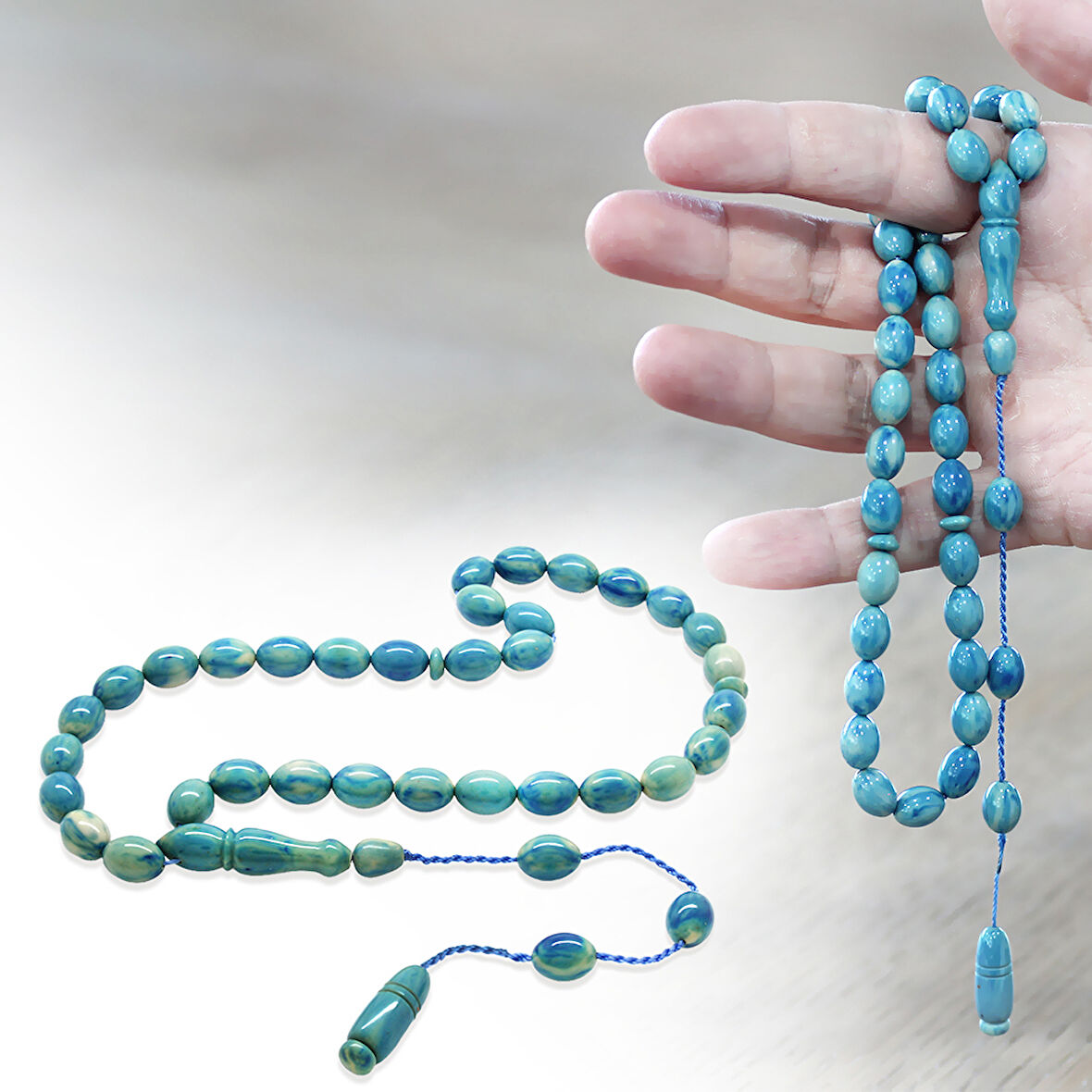 Sistemli Arpa Kesim Turkuaz-Mavi Sıkma Kehribar Tesbih