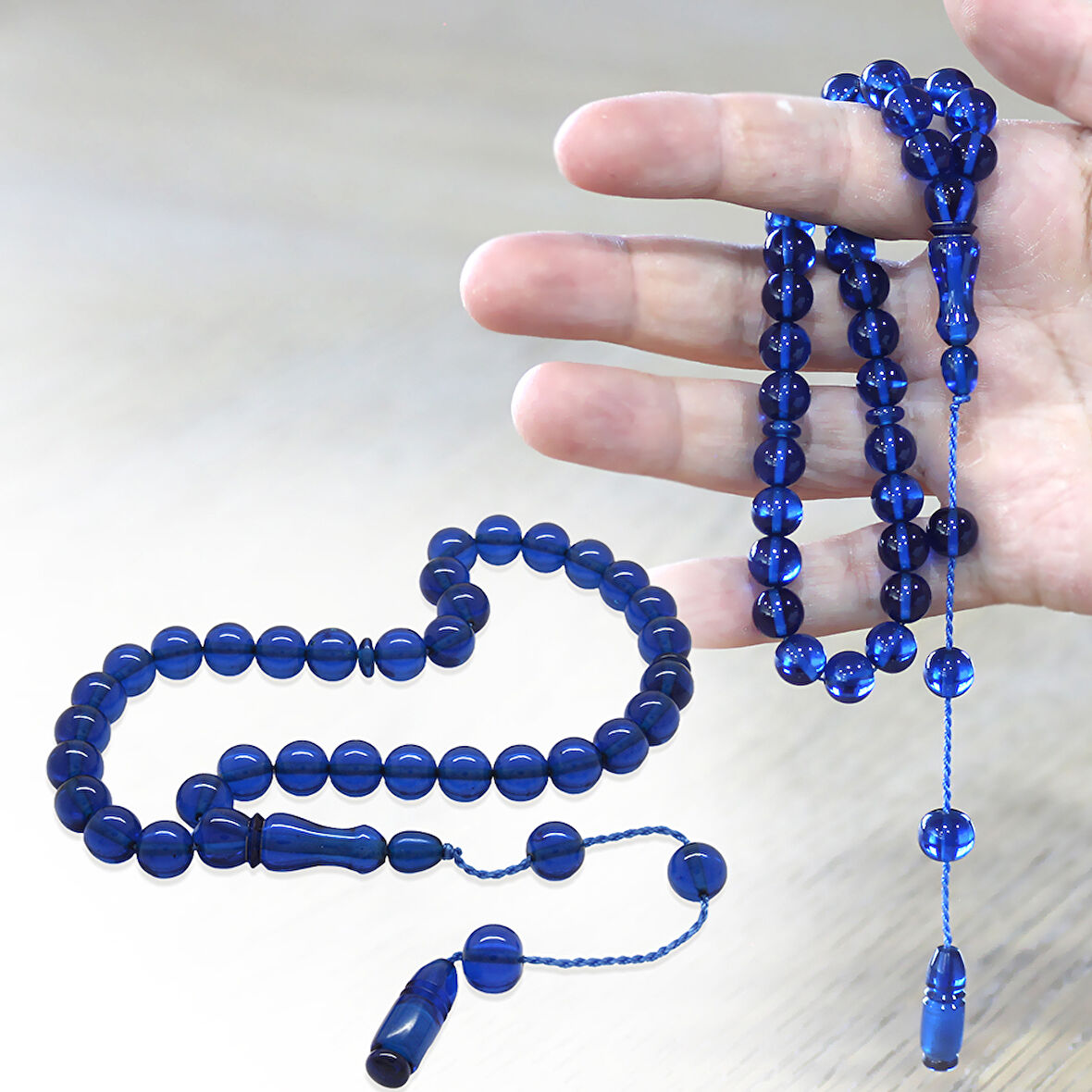 Sistemli Küre Kesim Lacivert Sıkma Kehribar Tesbih