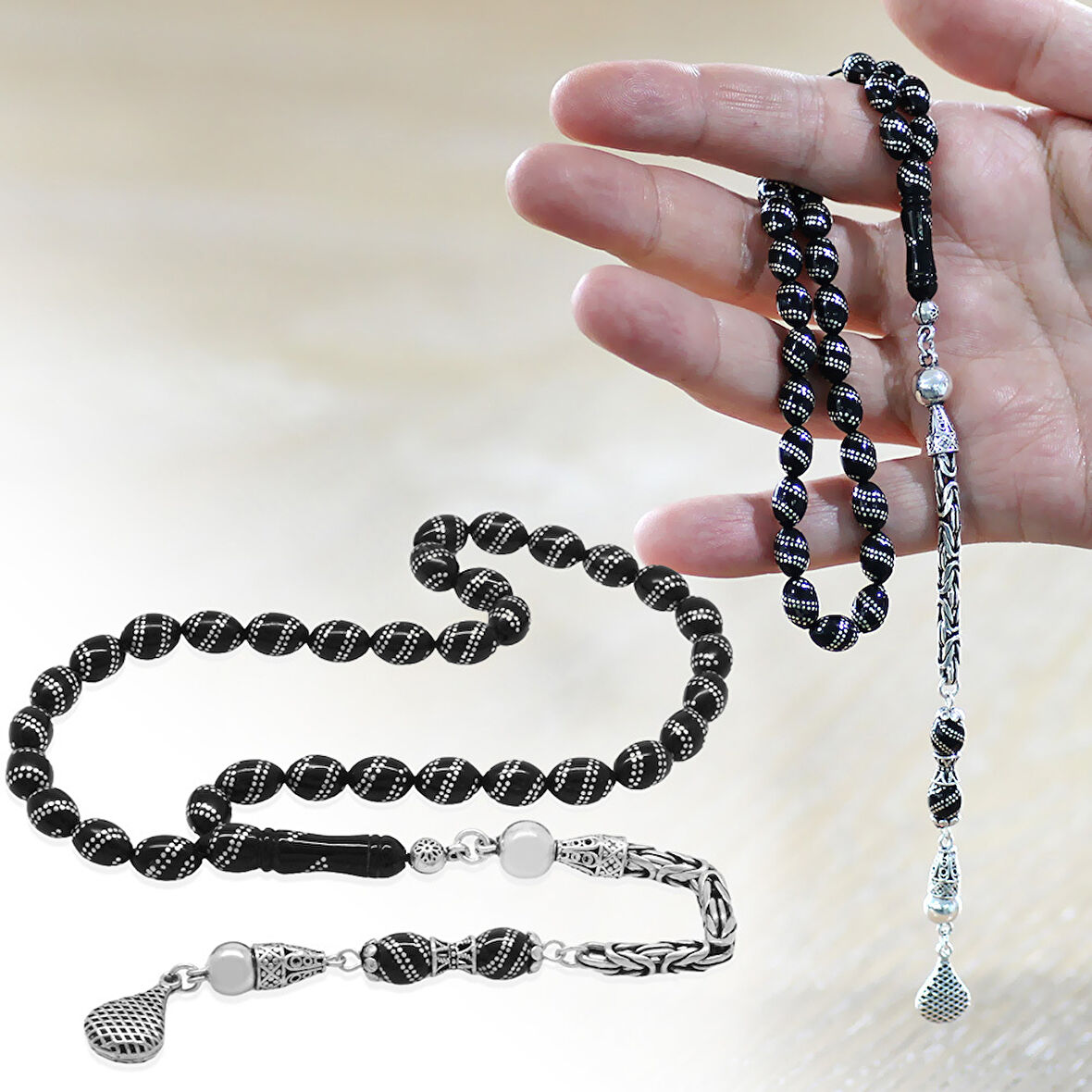 925 Ayar Gümüş Kral Zincir Püsküllü Çift Sıra Gümüş Spiral İşlemeli Arpa Kesim Erzurum Oltu Taşı Tesbih