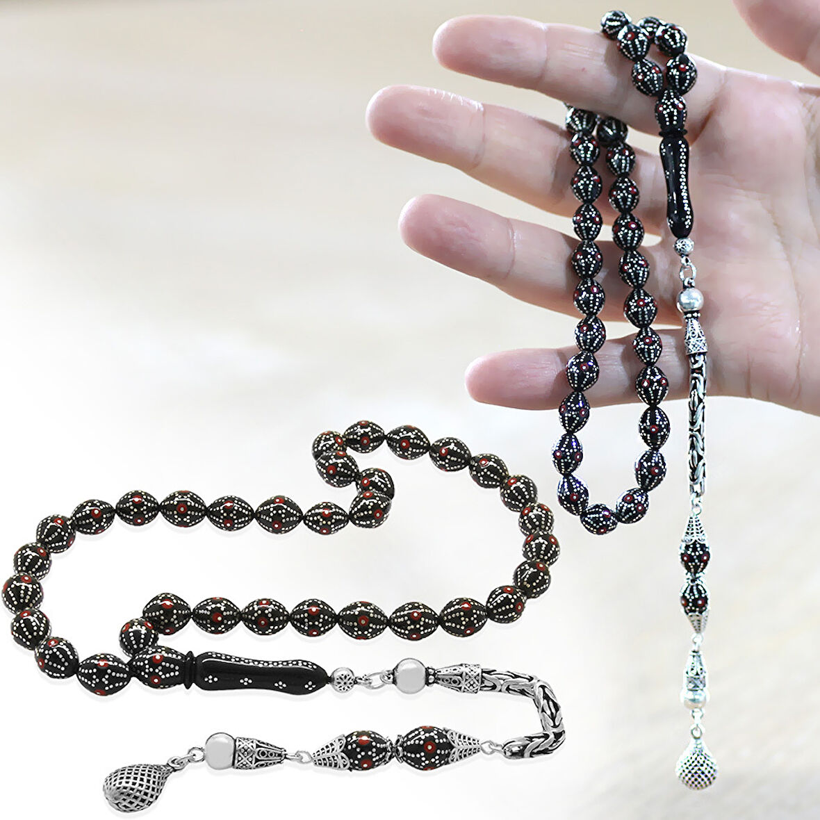 925 Ayar Gümüş Kral Zincir Püsküllü Gümüş-Mercan İşlemeli Arpa Kesim Erzurum Oltu Taşı Tesbih