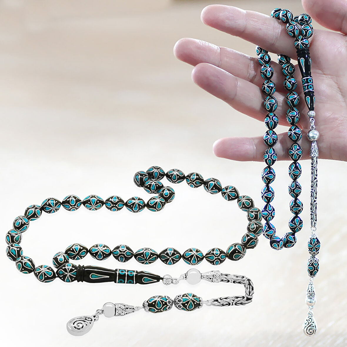 925 Ayar Gümüş Kral Zincir Püsküllü Gümüş Firuze İşlemeli Erzurum Oltu Taşı Tesbih