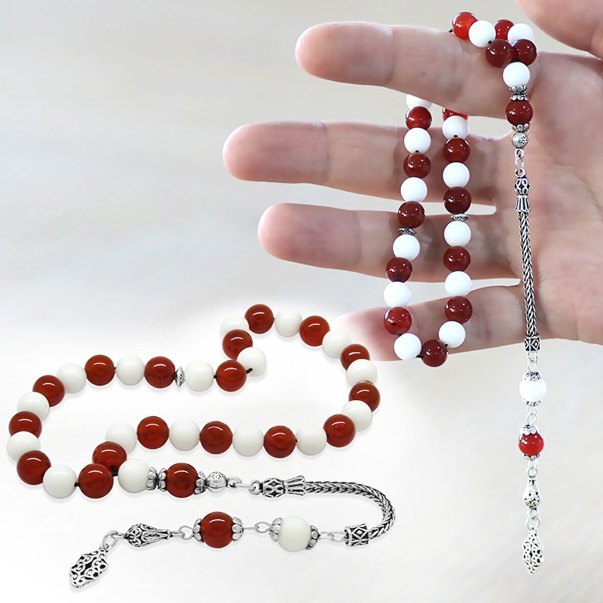 925 Ayar Gümüş Foxtail Zincir Püsküllü Küre Kesim Kırmızı Beyaz Jade Akik Doğaltaş Taraftar Tesbih