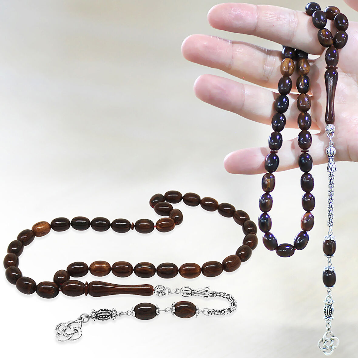 Kararmaz Metal Arnavut Zincir Püsküllü Sülün İmame Beyzi Kesim Kahverengi - Siyah Katalin Tesbih