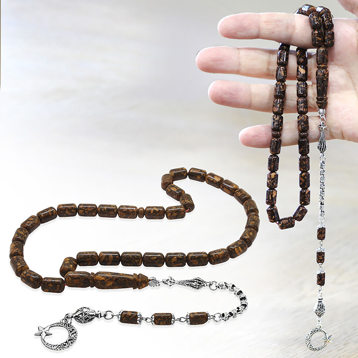 Kararmaz Metal Püsküllü Kapsül Kesim Kahverengi Kokulu Tarçın Ağacı Tesbih