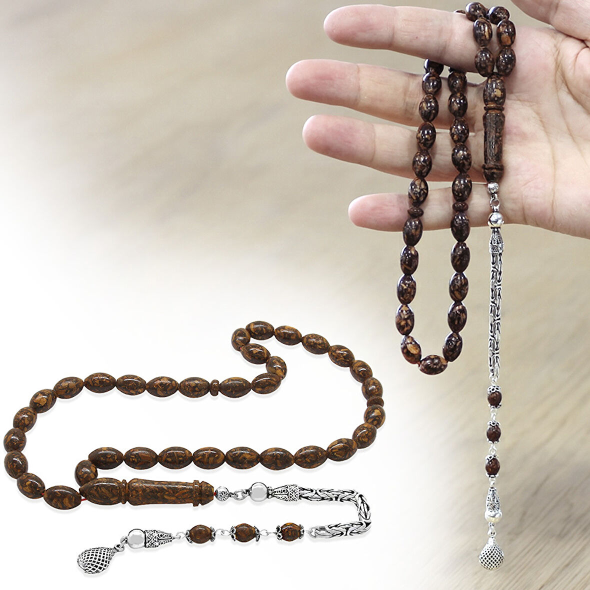 925 Ayar Gümüş Kral Zincir Püsküllü Arpa Kesim Kahverengi Kokulu Tarçın Ağacı Tesbih
