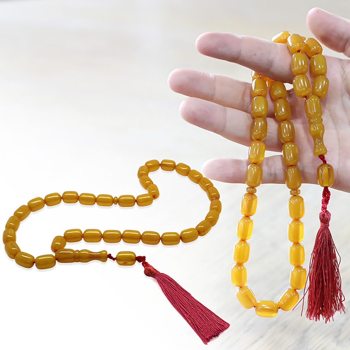 Osmanlı Saray Püsküllü Sarı Çubuk Sıkma Kehribar Tesbih Maxi Boy Kapsül Kesim