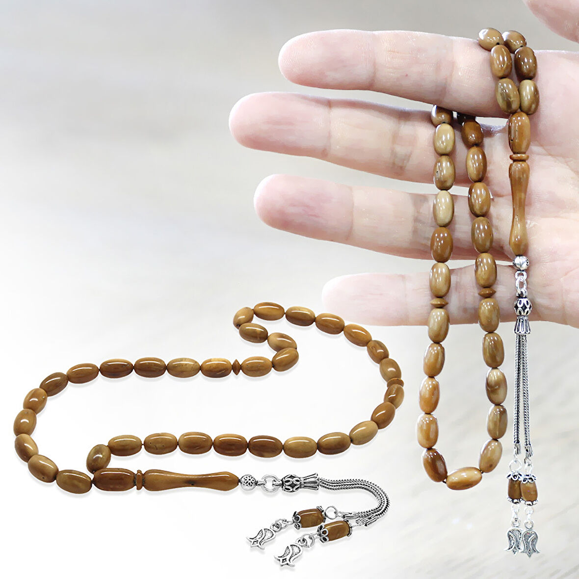 Kuka Tesbih – Kahverengi – 925 Ayar Gümüş 2 li Kamçı Püsküllü – Kapsül Kesim