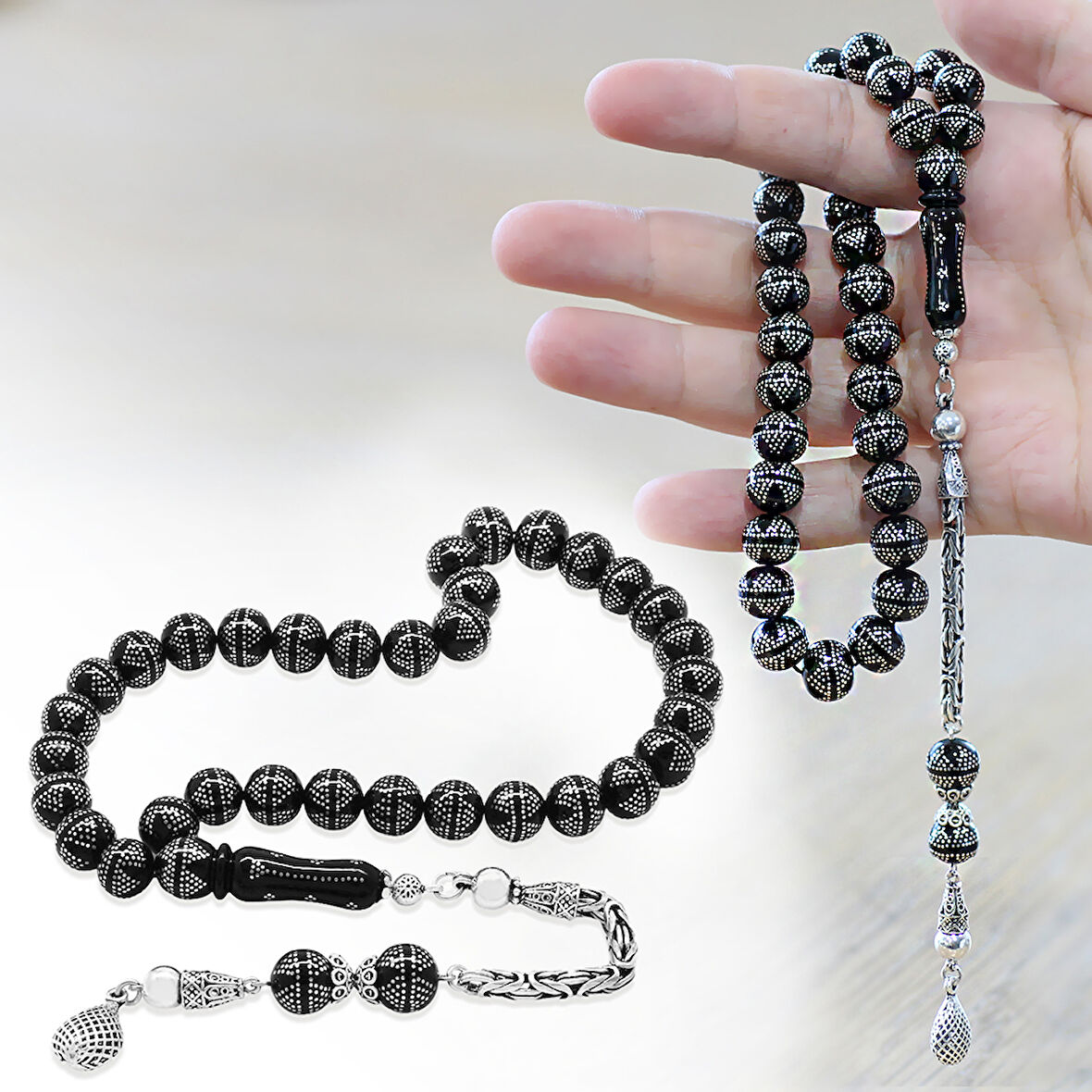 Erzurum Oltu Taşı Tesbih - 925 Ayar Gümüş Kral Püsküllü - Yoğun Gümüş Yıldız İşlemeli - Küre Kesim